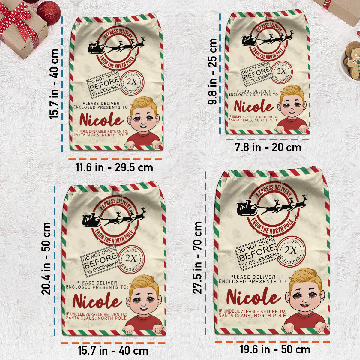 Weihnachtsmann-Liefersack von North Pole Express – Personalisierter Familien-Tragebeutel mit Kordelzug