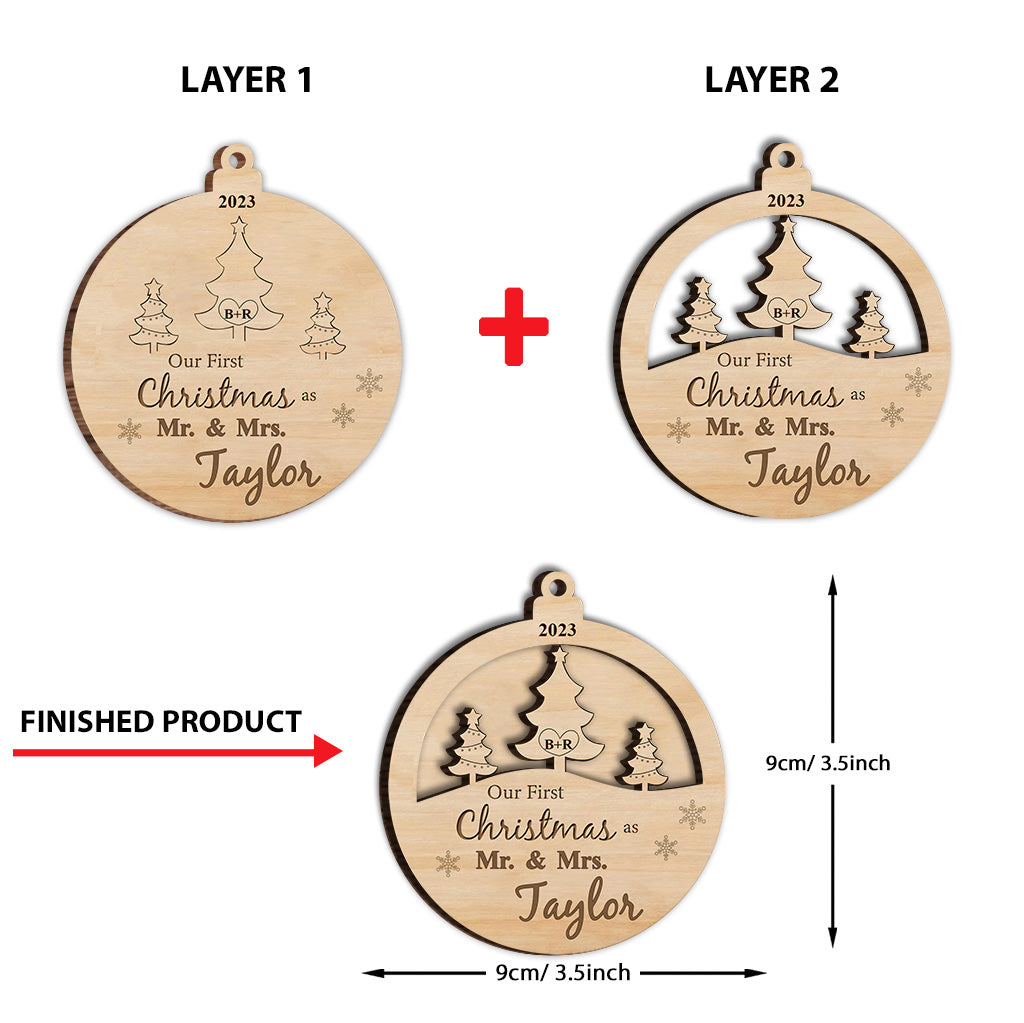 Unser erstes Weihnachtsfest als Ehepaar – Personalisierter zweilagiger Holzschmuck für Ehemann und Ehefrau