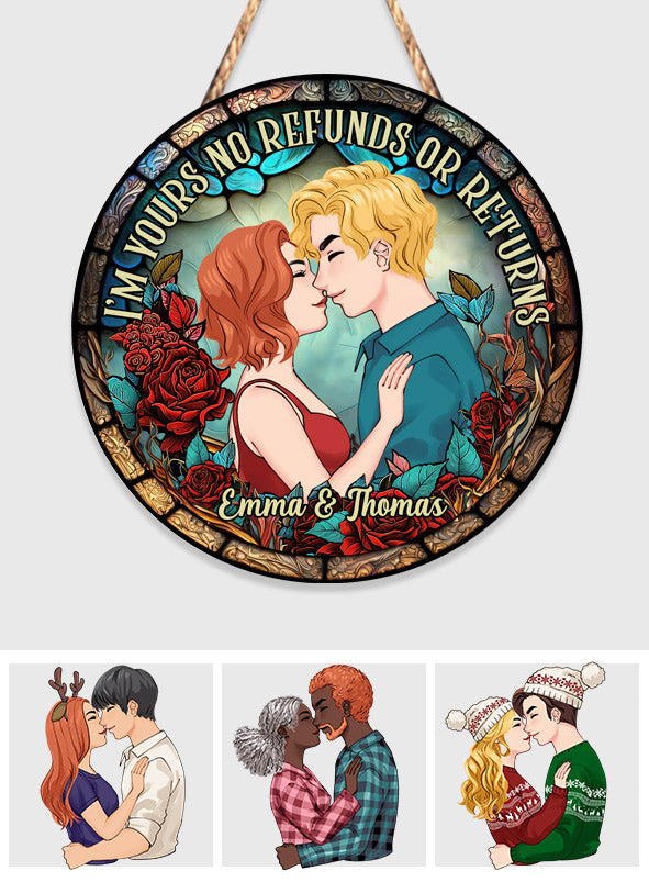 Ich gehöre dir – Keine Rückgabe oder Erstattung – Geschenk für Ehemann, Ehefrau, Freund, Freundin – Personalisiertes rundes Holzschild