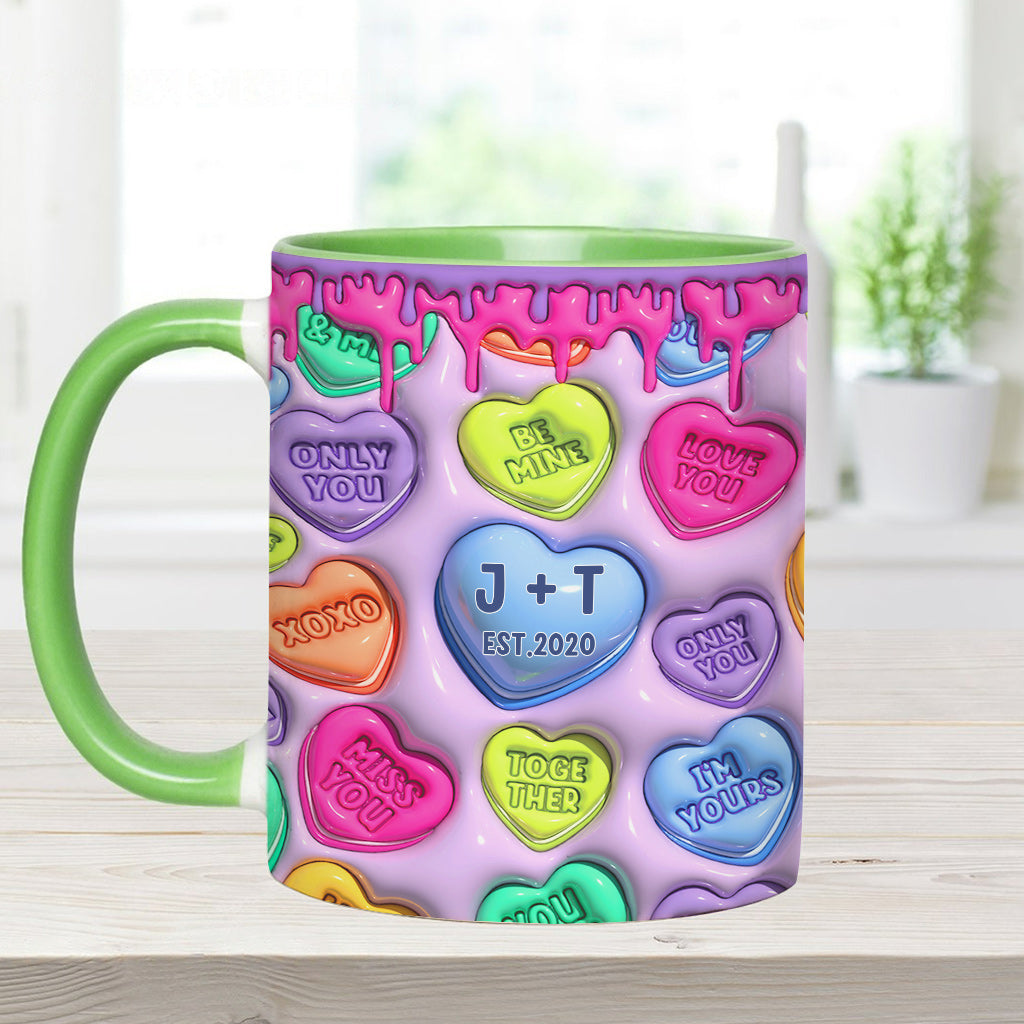 Beliebiger Name, beliebiges Datum, buntes, aufgeblasenes Herz – personalisierte Tasse für Paare