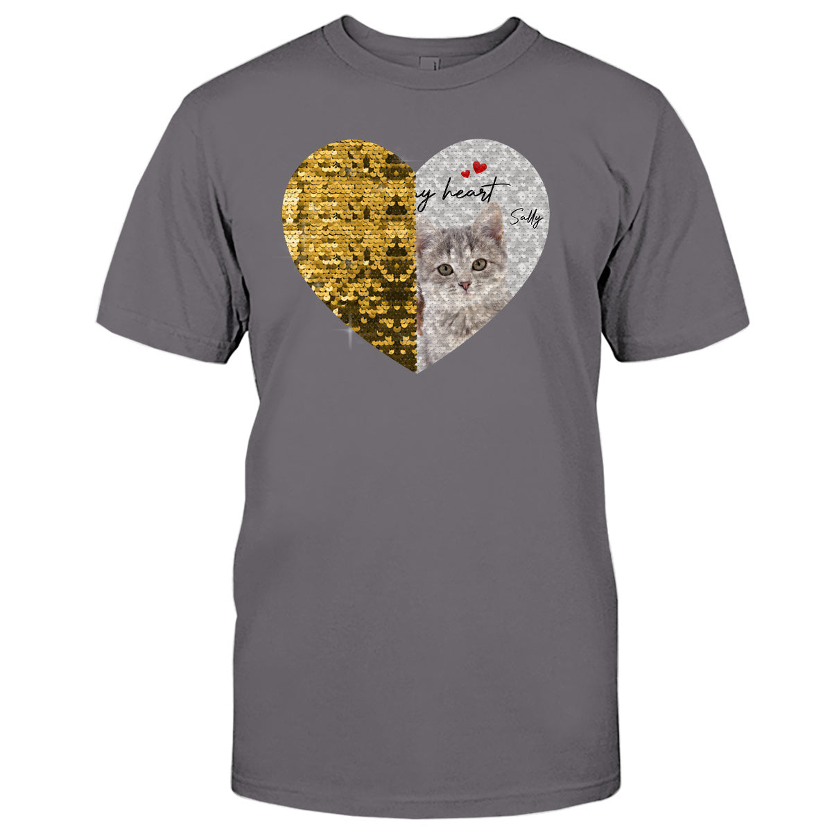 Für immer in meinem Herzen – Personalisiertes Foto von Hund & Katze – Geschenk für Hunde- und Katzenliebhaber – Pailletten-T-Shirt