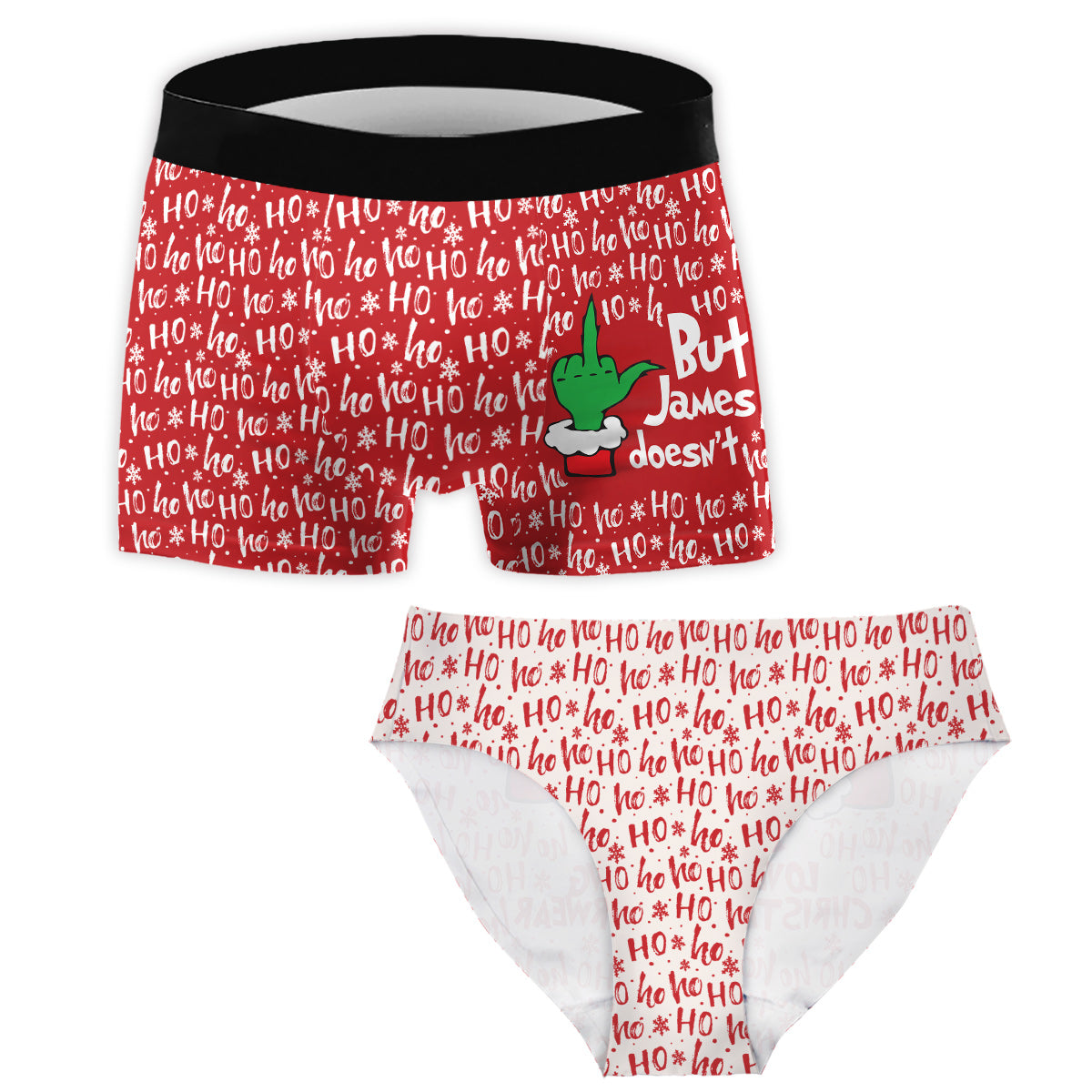 Passende Weihnachtsunterwäsche für Paare – personalisierte Damen-Slips und Herren-Boxershorts