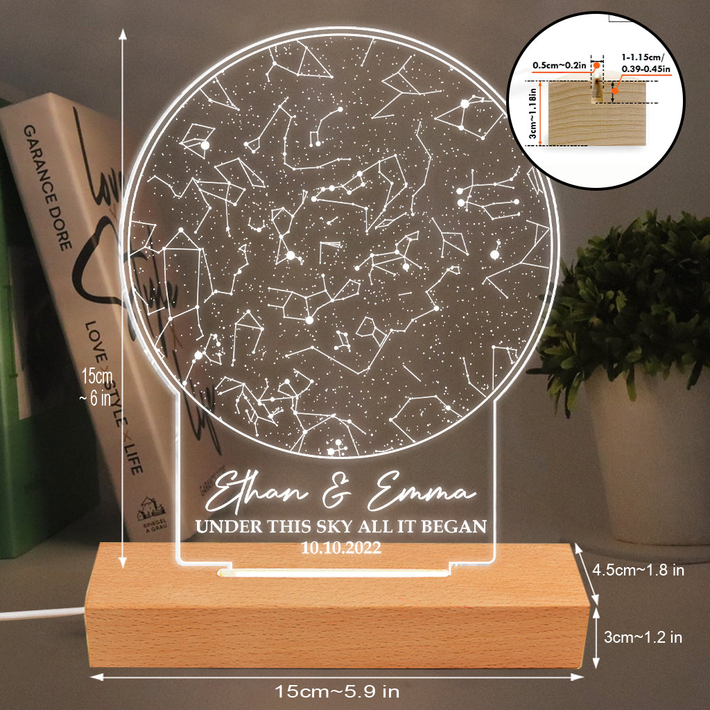 Unter diesem Himmel begann alles – personalisierte Leuchte mit Plakettensockel in Form eines Ehepaares