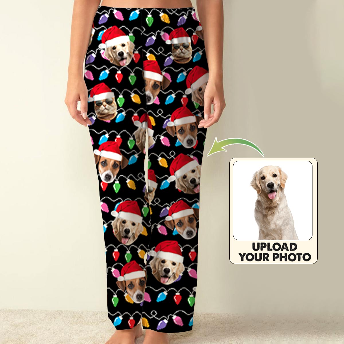 Beliebiges Foto hochladen Bunte Weihnachtsbeleuchtung - Personalisierter Hunde-Pyjama mit Knöpfen