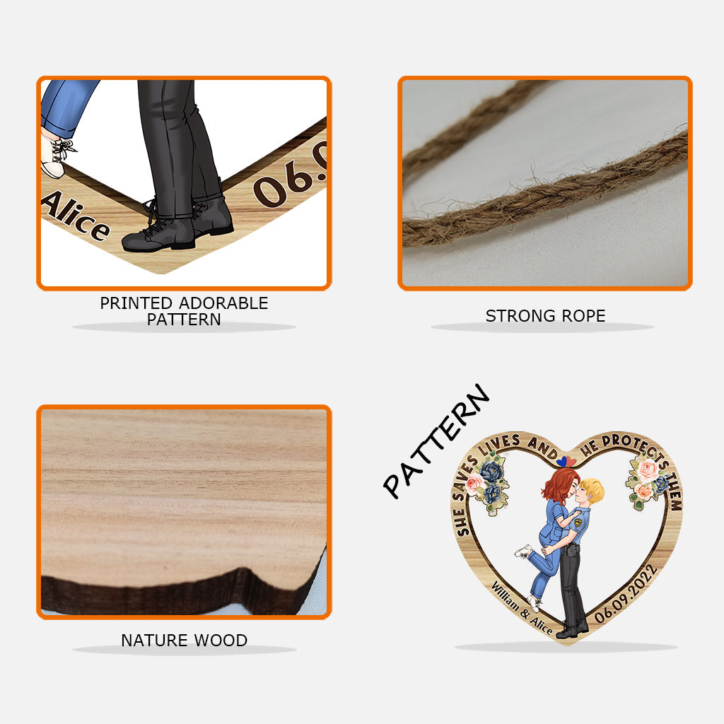Sie rettet Leben, er beschützt sie – personalisiertes Holzschild für Paare in individueller Form