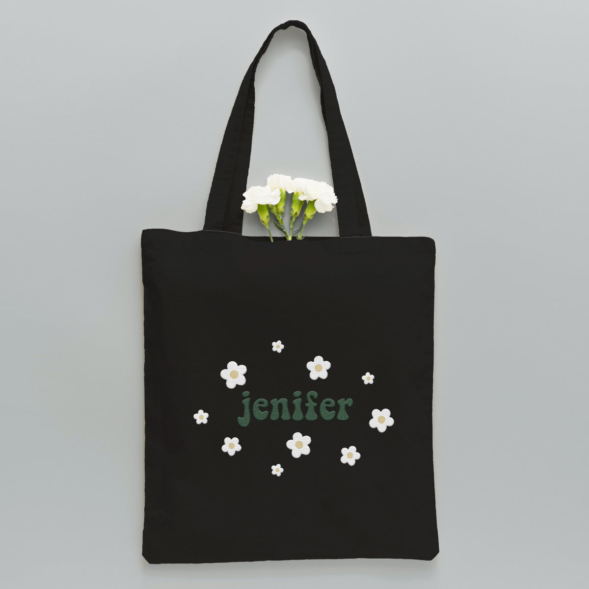 Personalisierte Tragetasche mit Namensaufdruck und Blume – Bestickte Tasche für Paare