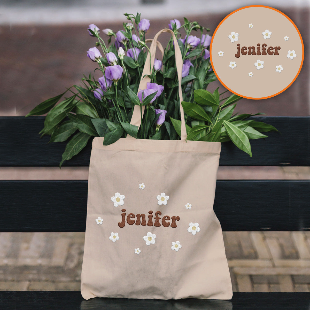 Personalisierte Tragetasche mit Namensstickerei und Blume – Bestickte Tasche für die Tochter