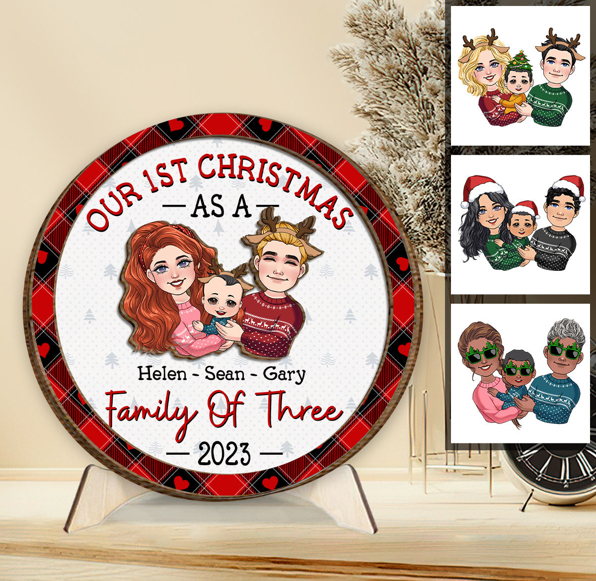 Erstes Weihnachtsfest zu dritt – Geschenk für Neugeborene – Personalisiertes zweilagiges Holzschild / Holzplakette