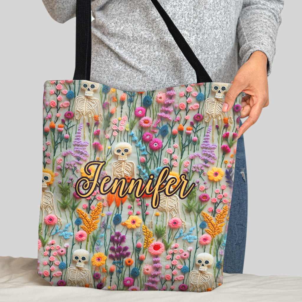 Personalisierte Totenkopf-Tragetasche mit Blumen-Skelett-Motiv