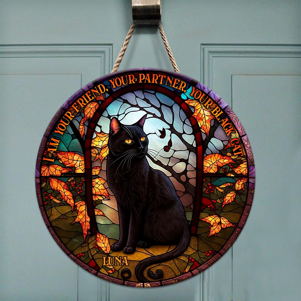 Black Cat - Personalized Black Cat Round Wood Sign