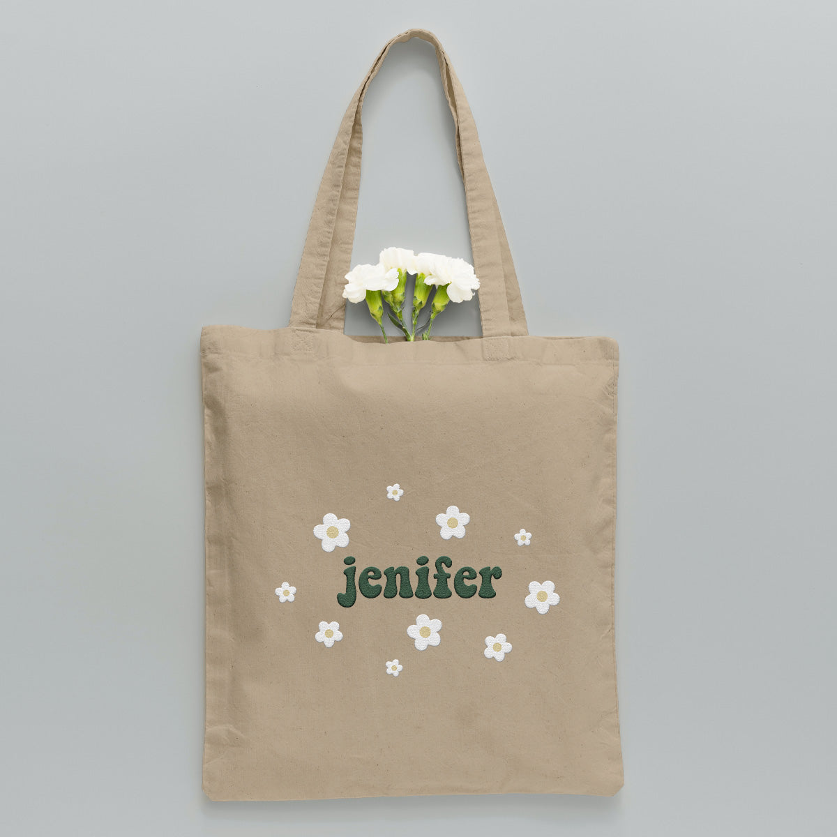 Personalisierte Tragetasche mit Namensaufdruck und Blume – Bestickte Tasche für Paare