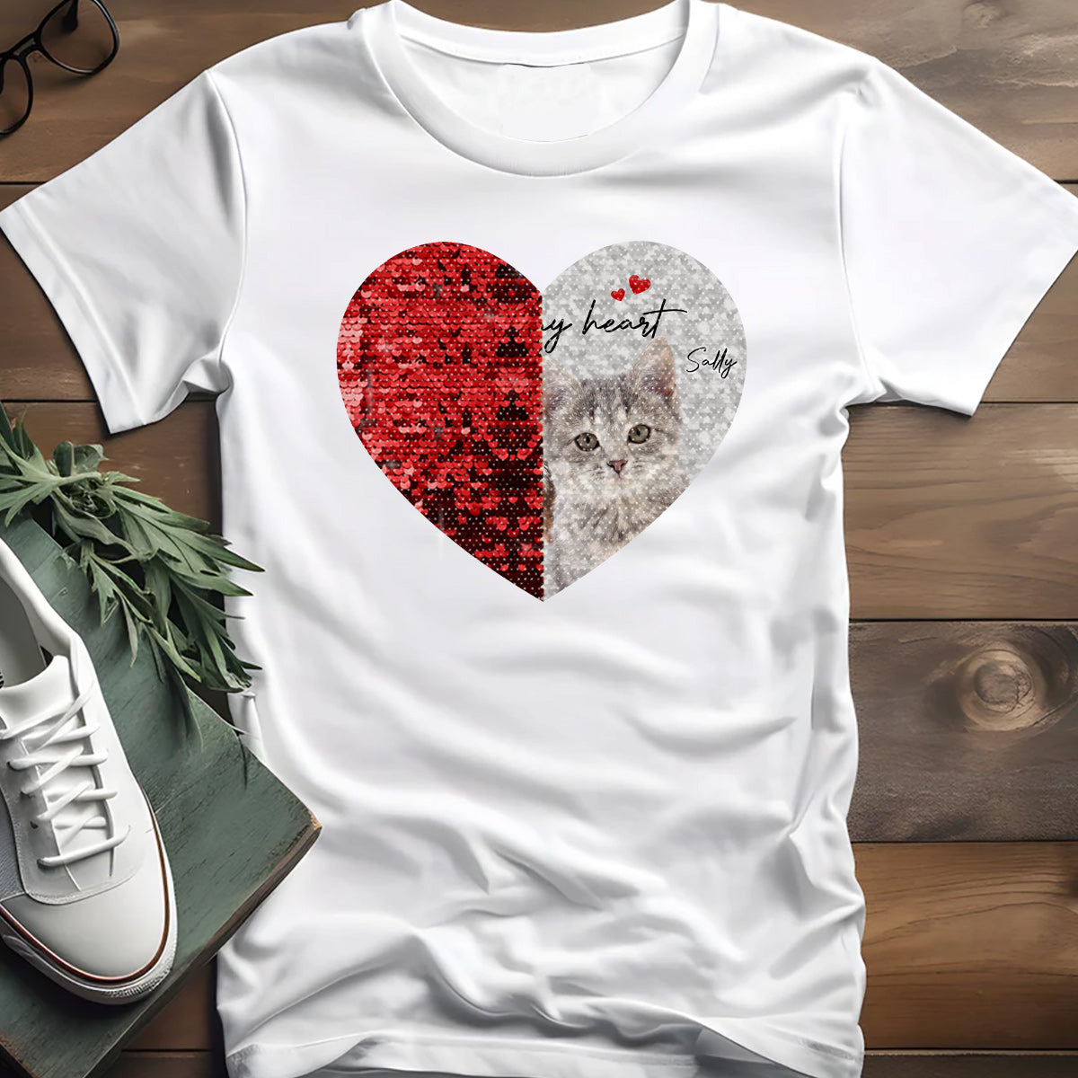 Für immer in meinem Herzen – Personalisiertes Foto von Hund & Katze – Geschenk für Hunde- und Katzenliebhaber – Pailletten-T-Shirt
