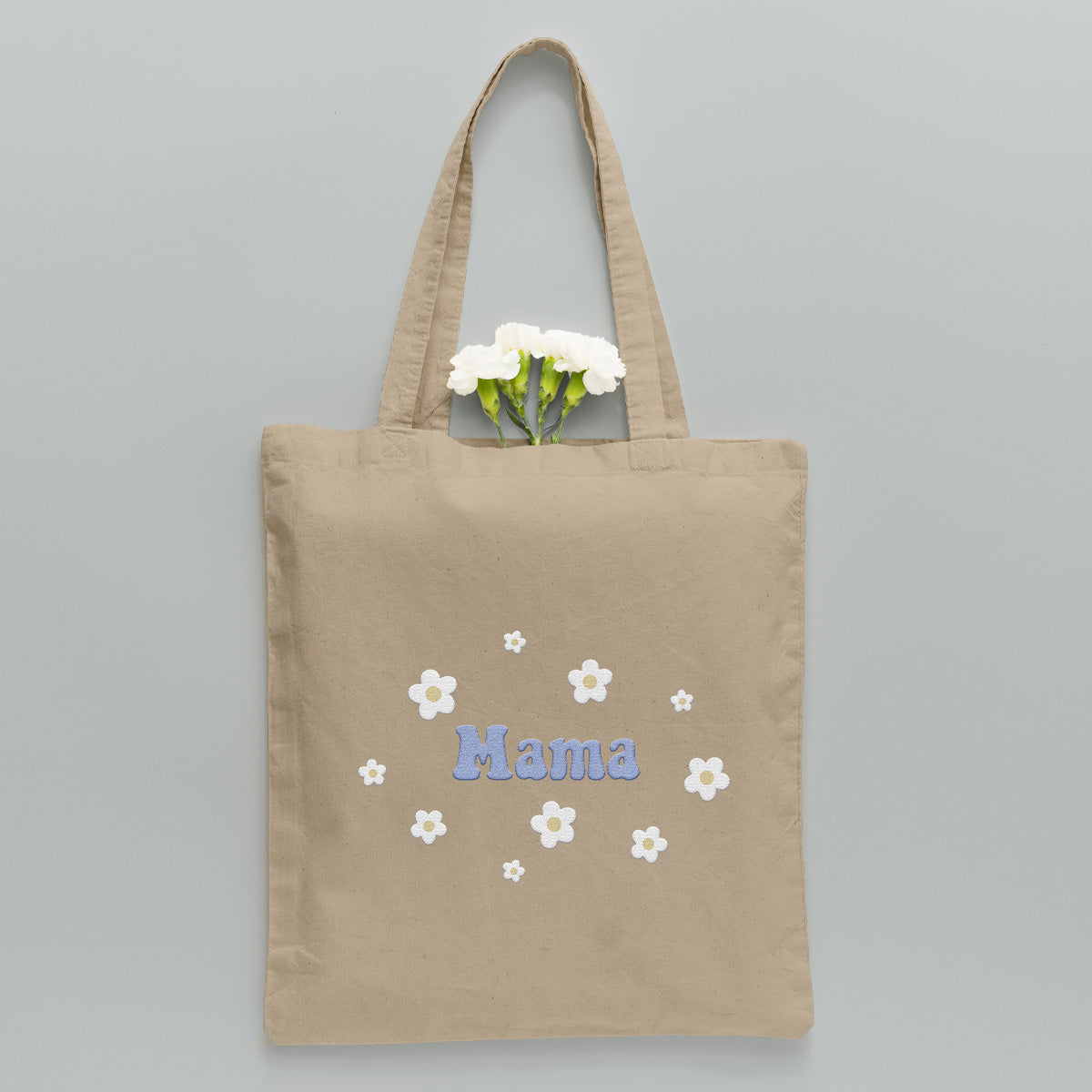 Personalisierte Tragetasche mit Namensstickerei und Blume – Individuelle Mutter-Stickerei
