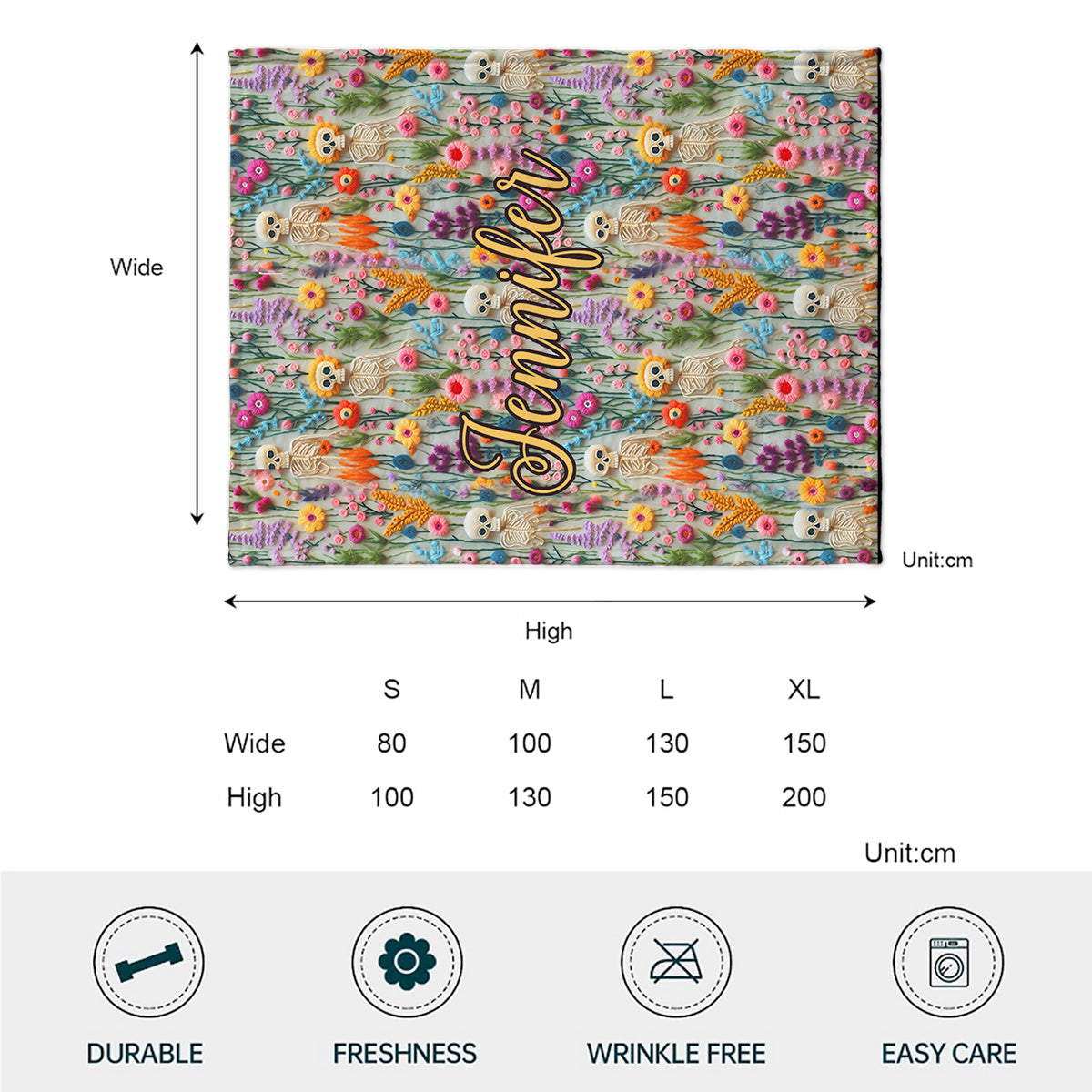 Personalisierte Totenkopfdecke mit Blumen-Skelett-Motiv