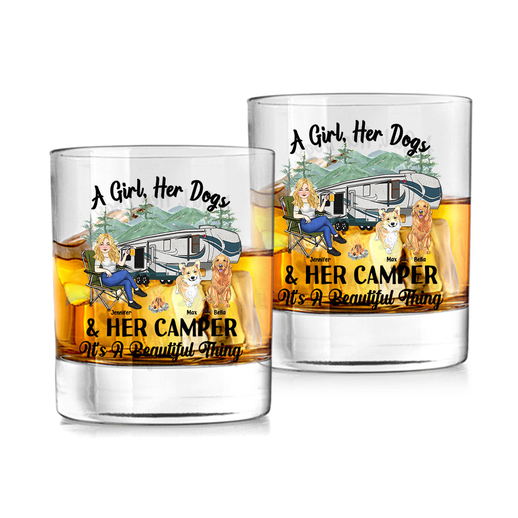 A Girl Her Dog And Her Camper - Camping gift for dog lover - Personalized Rock Glass