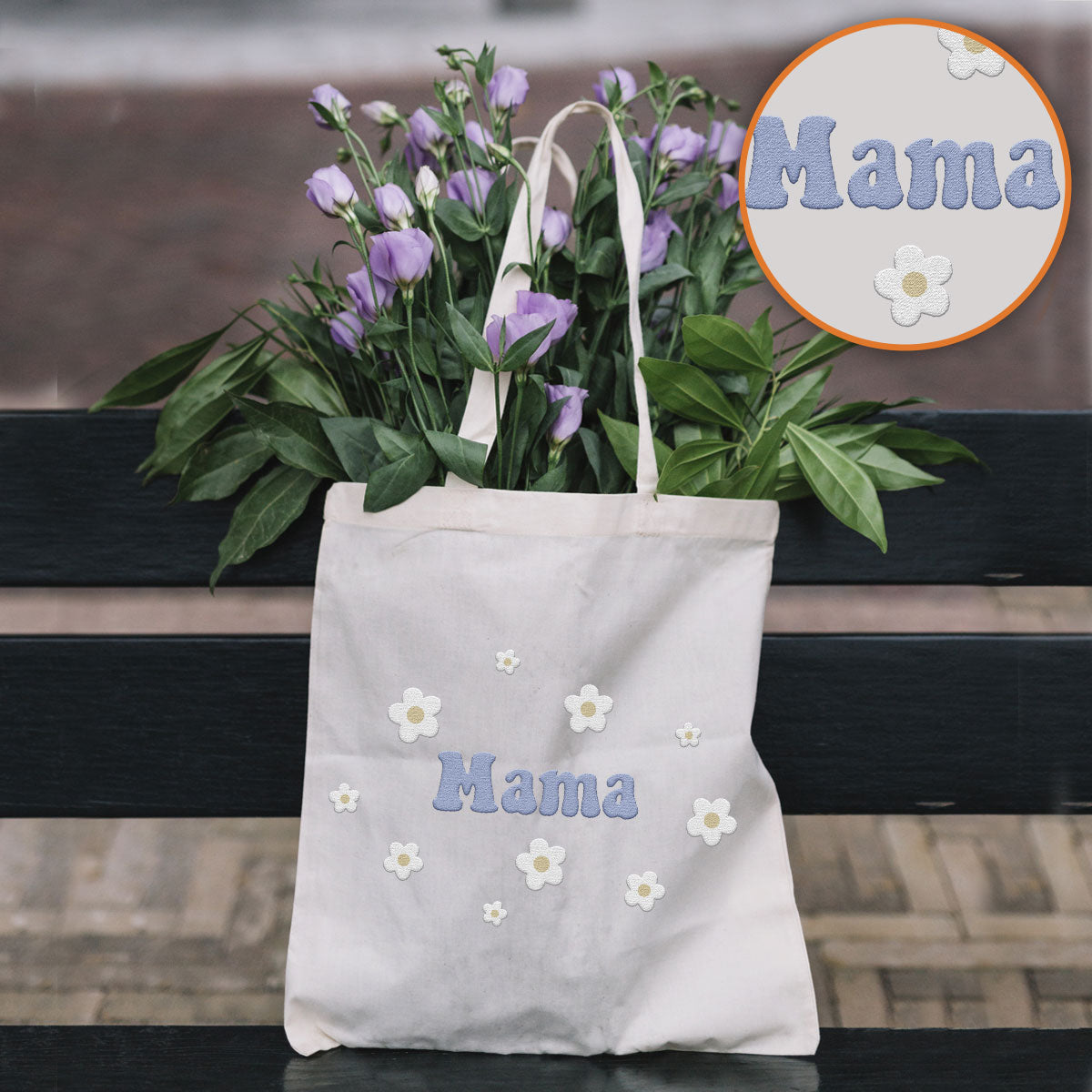 Personalisierte Tragetasche mit Namensstickerei und Blume – Individuelle Mutter-Stickerei