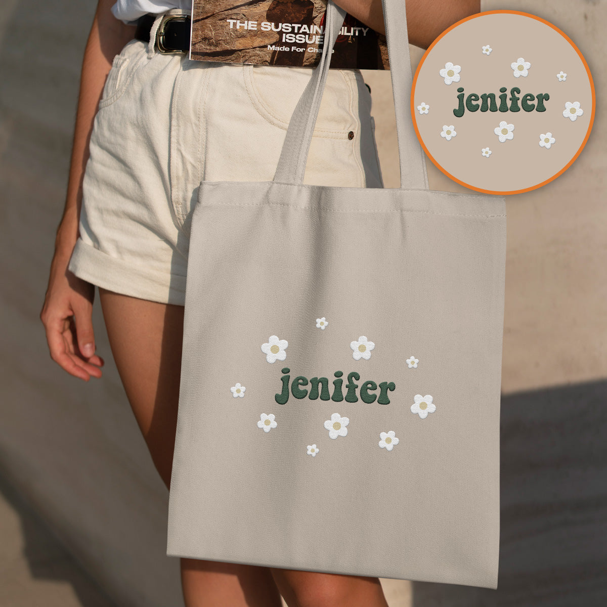 Personalisierte Tragetasche mit Namensaufdruck und Blume – Bestickte Tasche für Paare