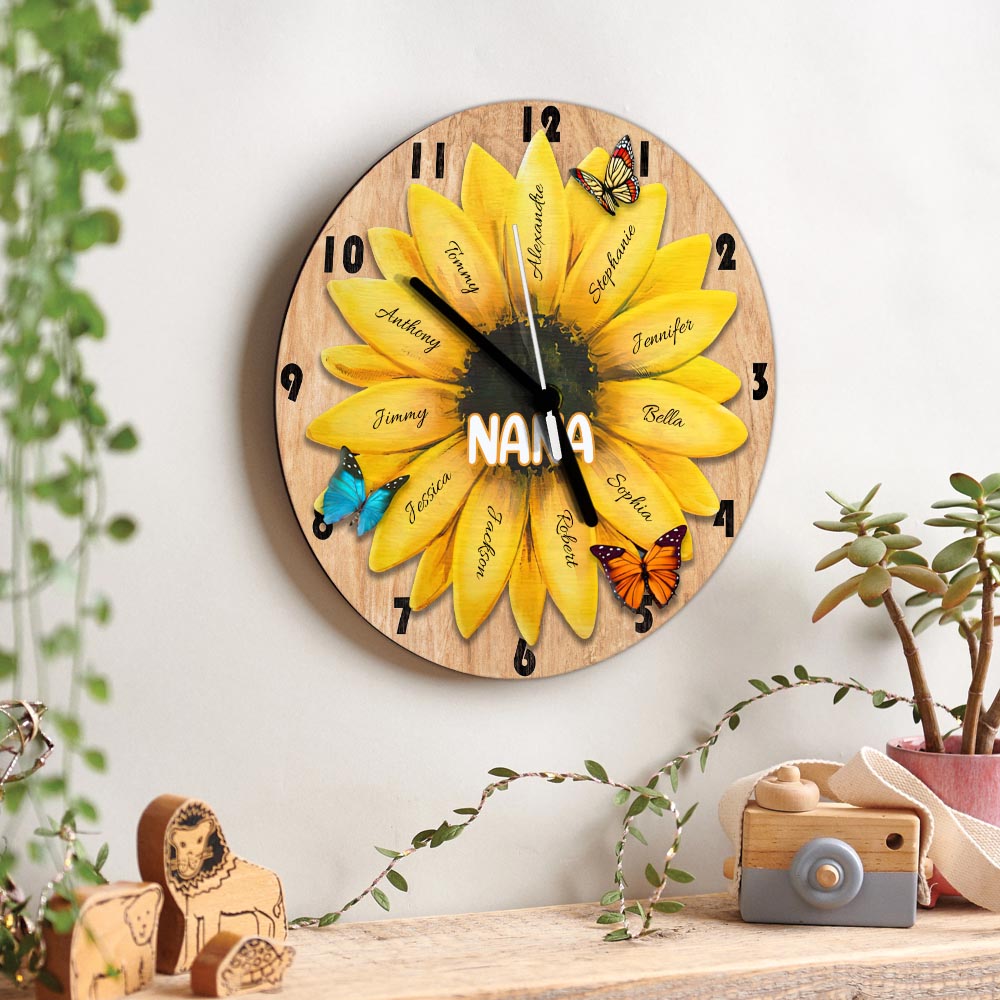 Sunflower Grandma And Grandkids - Personalized Grandma Wall Clock