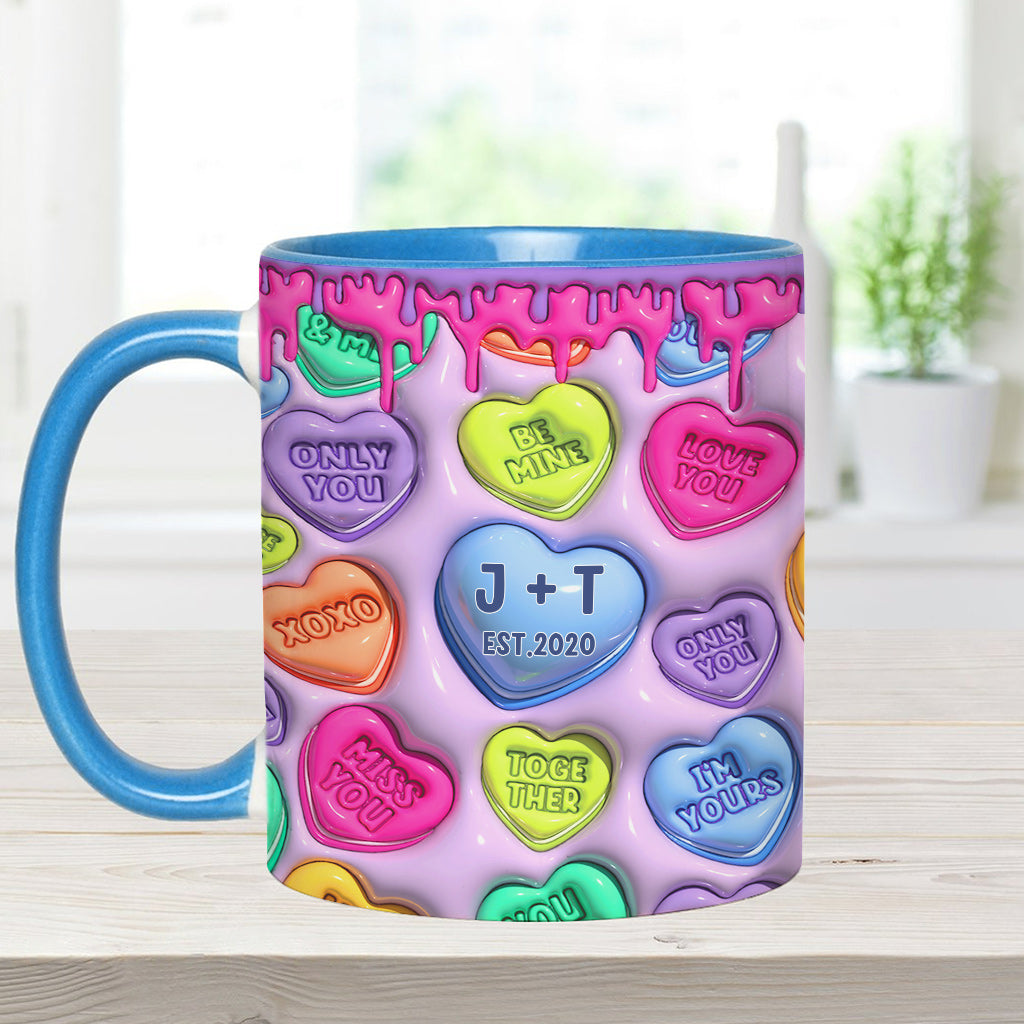 Beliebiger Name, beliebiges Datum, buntes, aufgeblasenes Herz – personalisierte Tasse für Paare