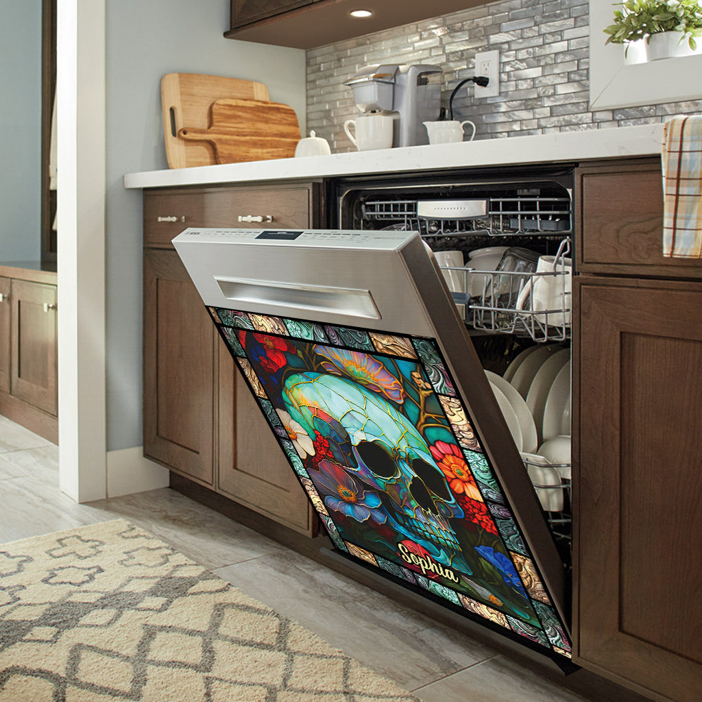 Personalisierter Geschirrspülerdeckel mit Totenkopf-Blumenmuster