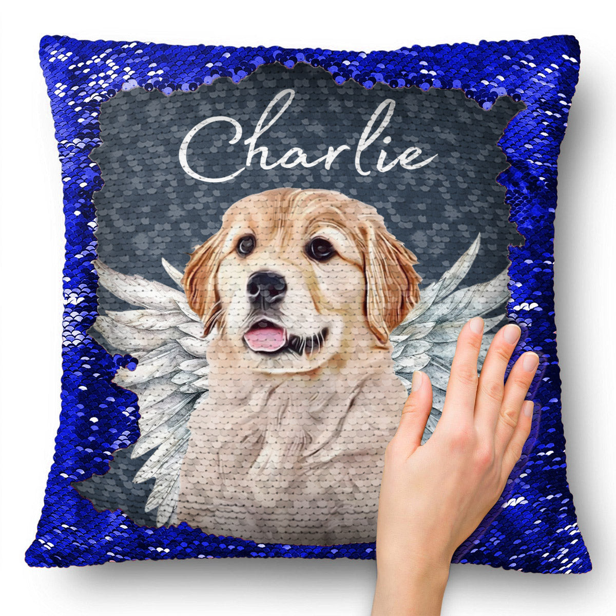 Engelsflügel für Hunde und Katzen – Geschenk für Hunde- und Katzenliebhaber, für Trauernde nach einem Hunde- oder Katzenverlust – Personalisierter Pailletten-Kissenbezug 