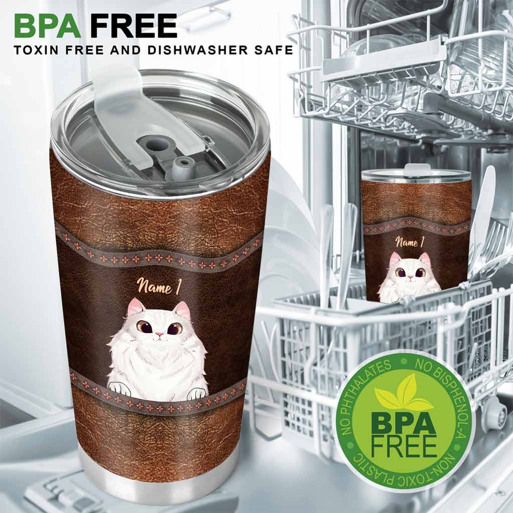 Personalisierter Trinkbecher mit Katzenmotiv und Ledermuster