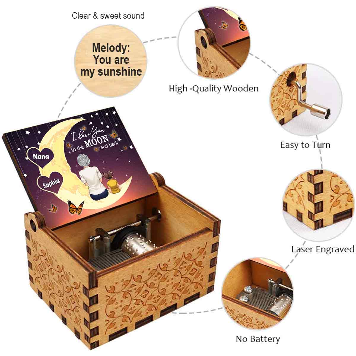 Bis zum Mond und zurück – Personalisierte Muttertags-Spieluhr für Oma mit Handkurbel
