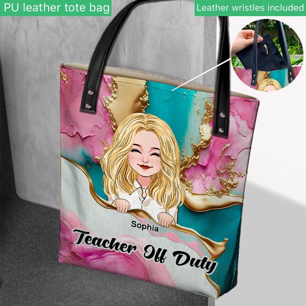 Teacher Off Duty Pink Leopard Turquoise Blue - Personalized Teacher Tote Bag