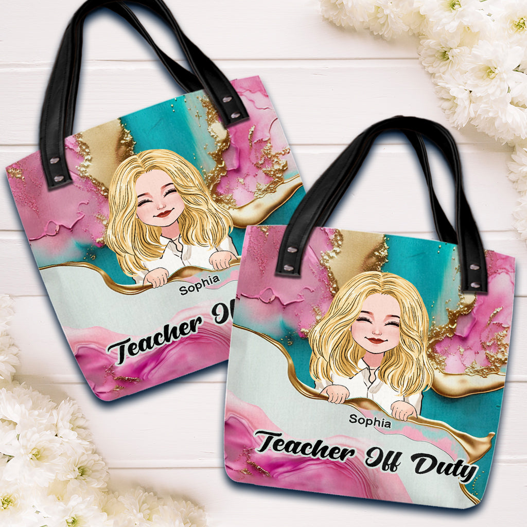 Teacher Off Duty Pink Leopard Turquoise Blue - Personalized Teacher Tote Bag