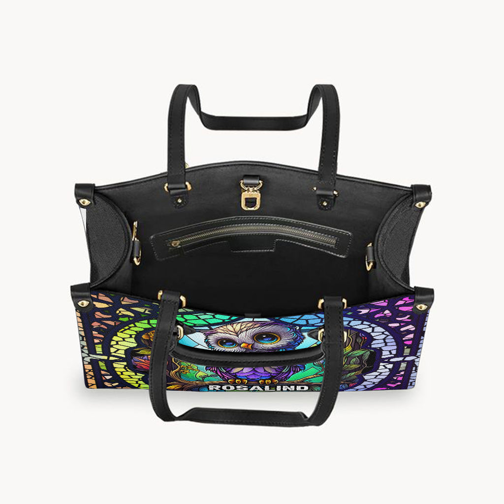 Cute Owl Stained Glass - Personalized Owl Leather Handbag