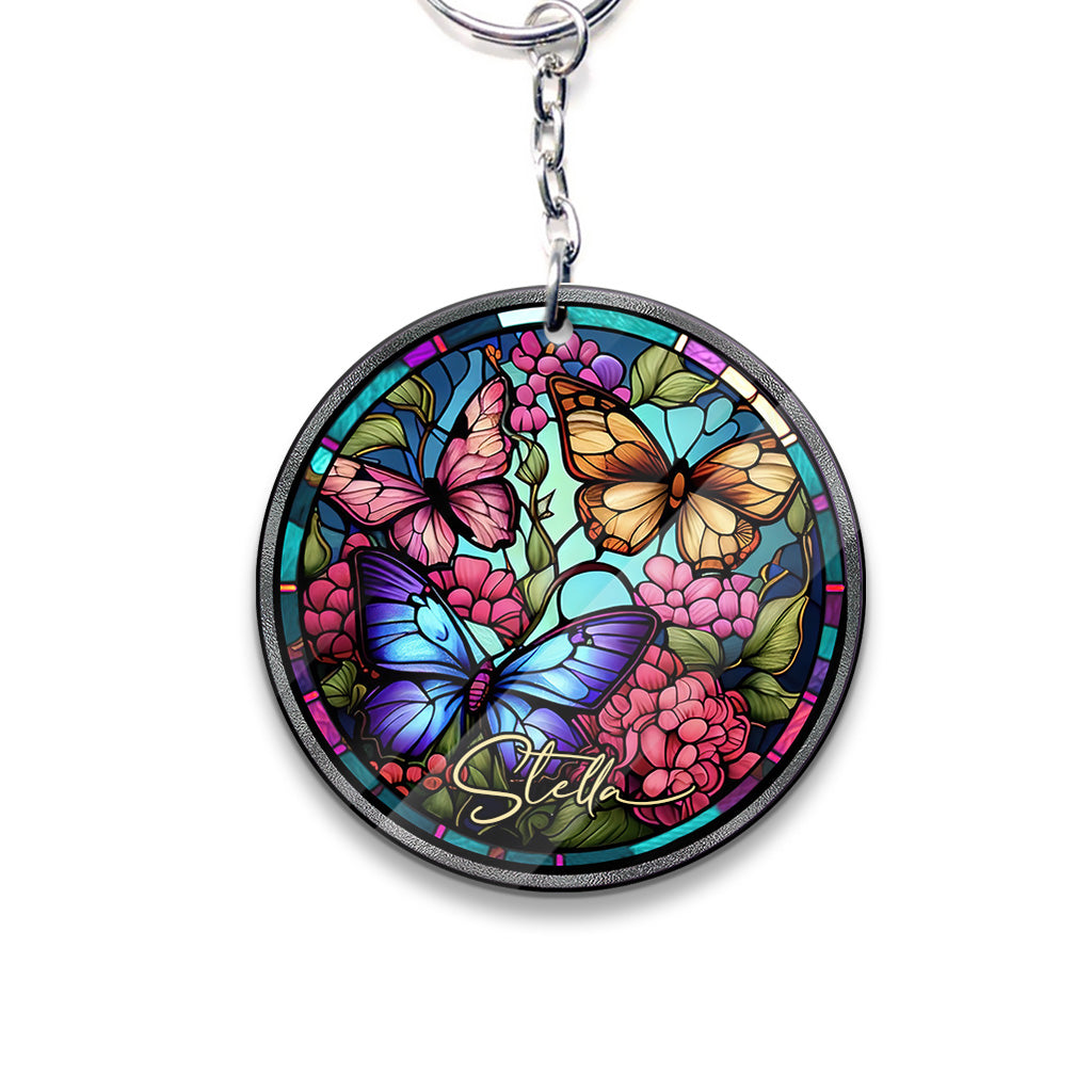 Stained Glass Butterfly - Personalized Butterfly Keychain (Printed On Both Sides)