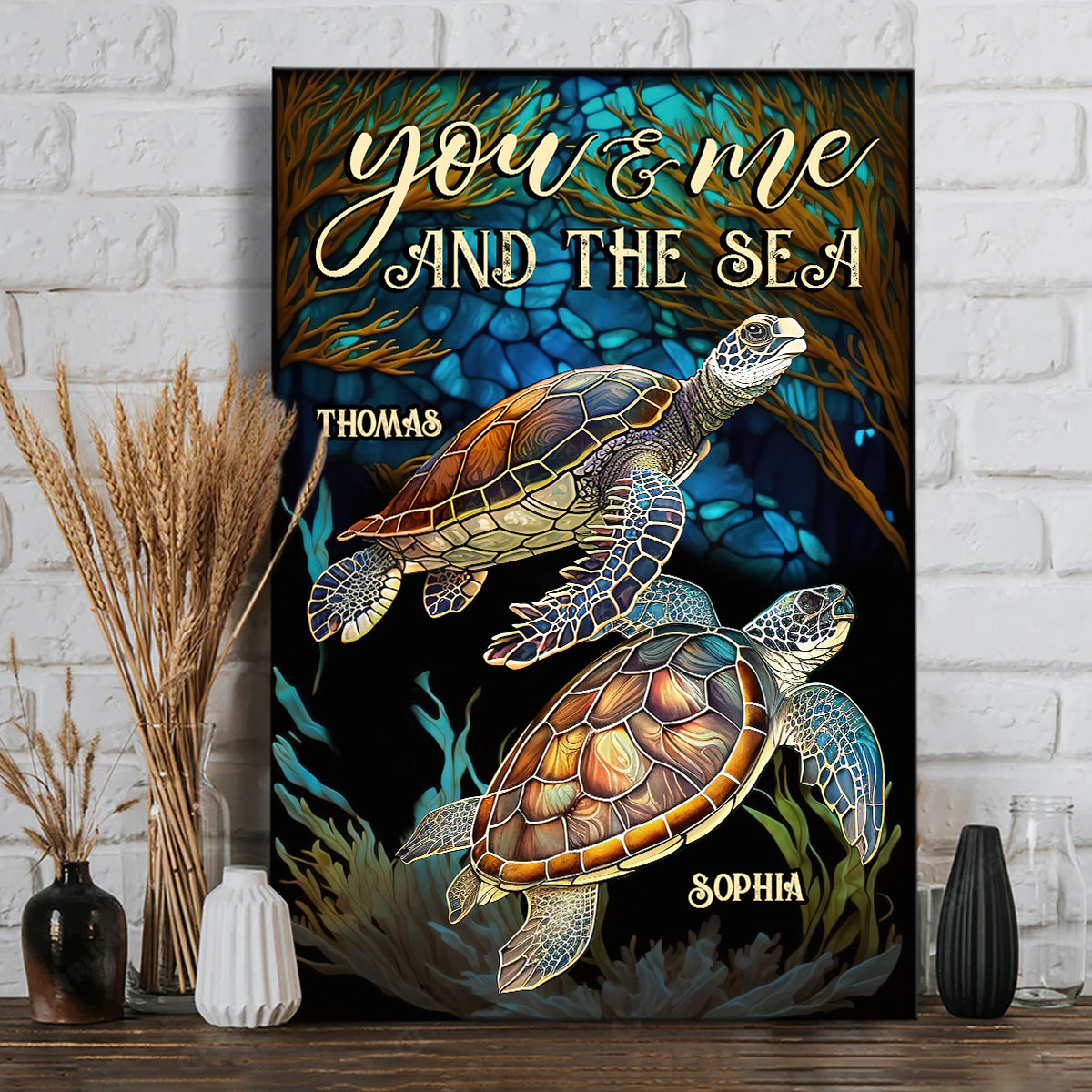 Stained Glass Turtle Couple - Personalized Turtle Canvas and Poster