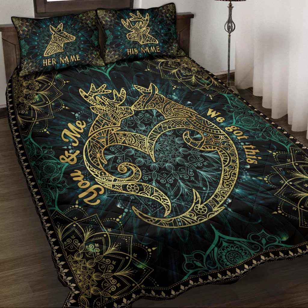 Du und ich, wir schaffen das! Hirschpaar-Mandala – Personalisiertes Jagd-Quilt-Set