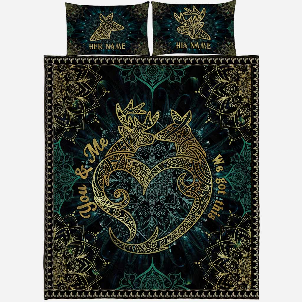 Du und ich, wir schaffen das! Hirschpaar-Mandala – Personalisiertes Jagd-Quilt-Set