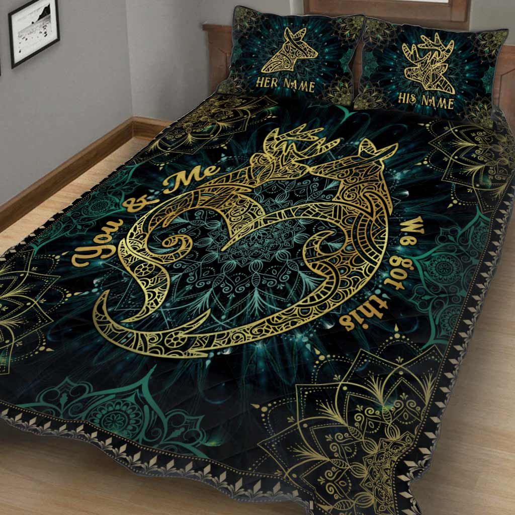 Du und ich, wir schaffen das! Hirschpaar-Mandala – Personalisiertes Jagd-Quilt-Set
