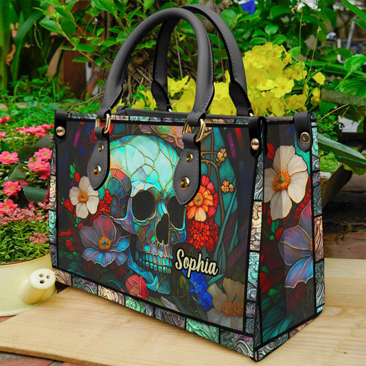 Blumen-Totenkopf - Personalisierte Totenkopf-Lederhandtasche