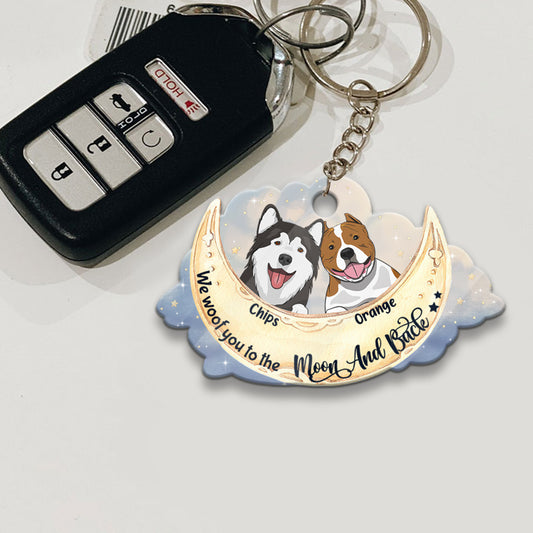 Ich belle dich bis zum Mond und zurück an – personalisierter Hunde-Schlüsselanhänger (beidseitig bedruckt)