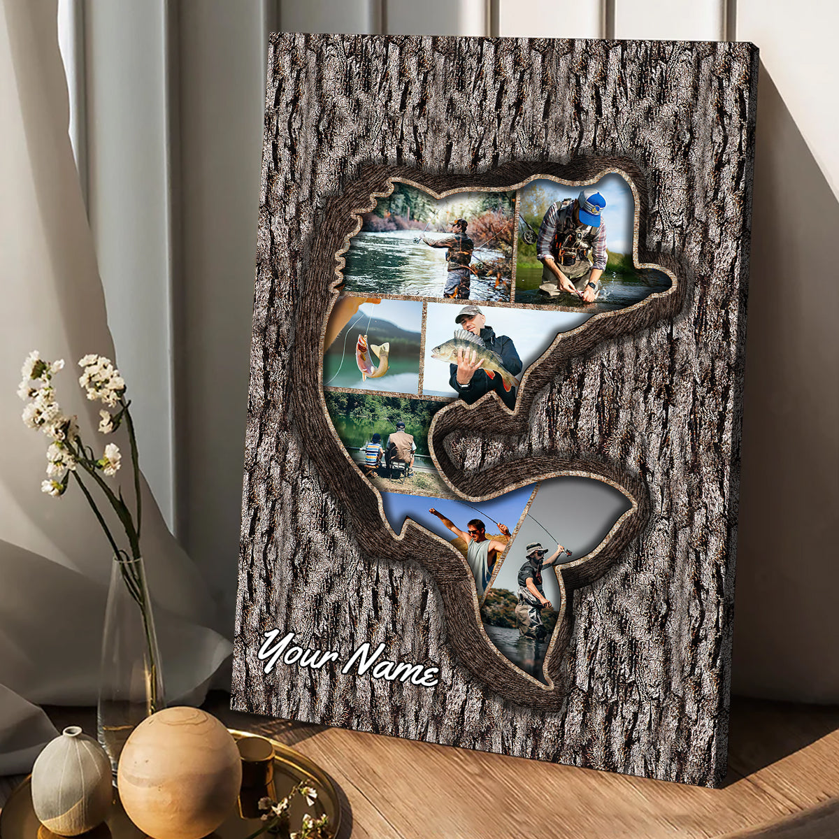 Fishing Memories Tree Carving Photo Inserted - Personalized Fishing Canvas and Poster