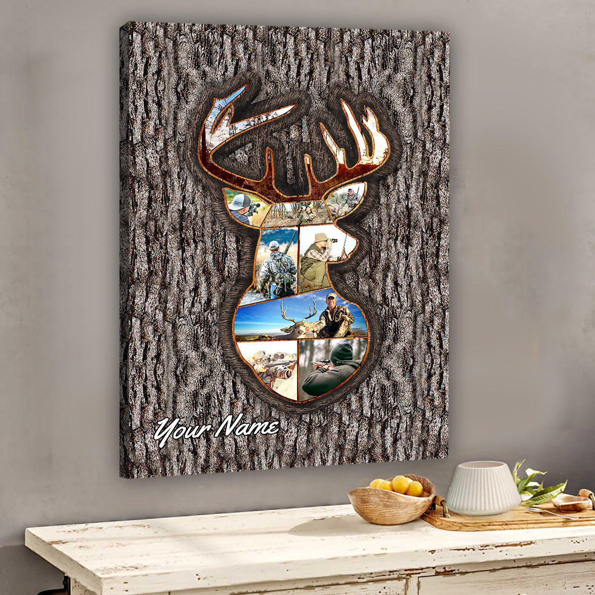 Erinnerungsbaum-Schnitzerei mit Foto – Personalisierte Leinwand und Poster zum Thema Jagd