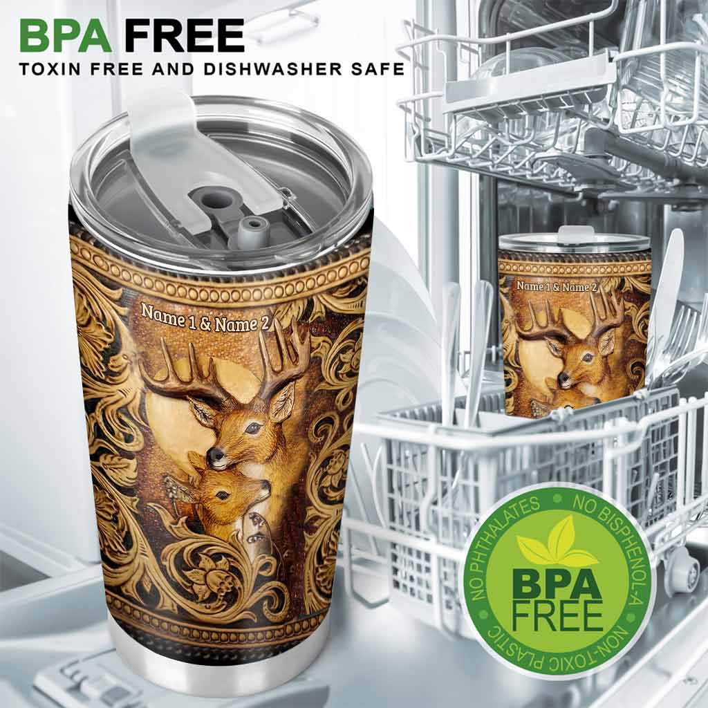 Wunderschöner personalisierter Jagdbecher mit Hirsch- und Hirschkuhmotiv und 3D-Musterdruck