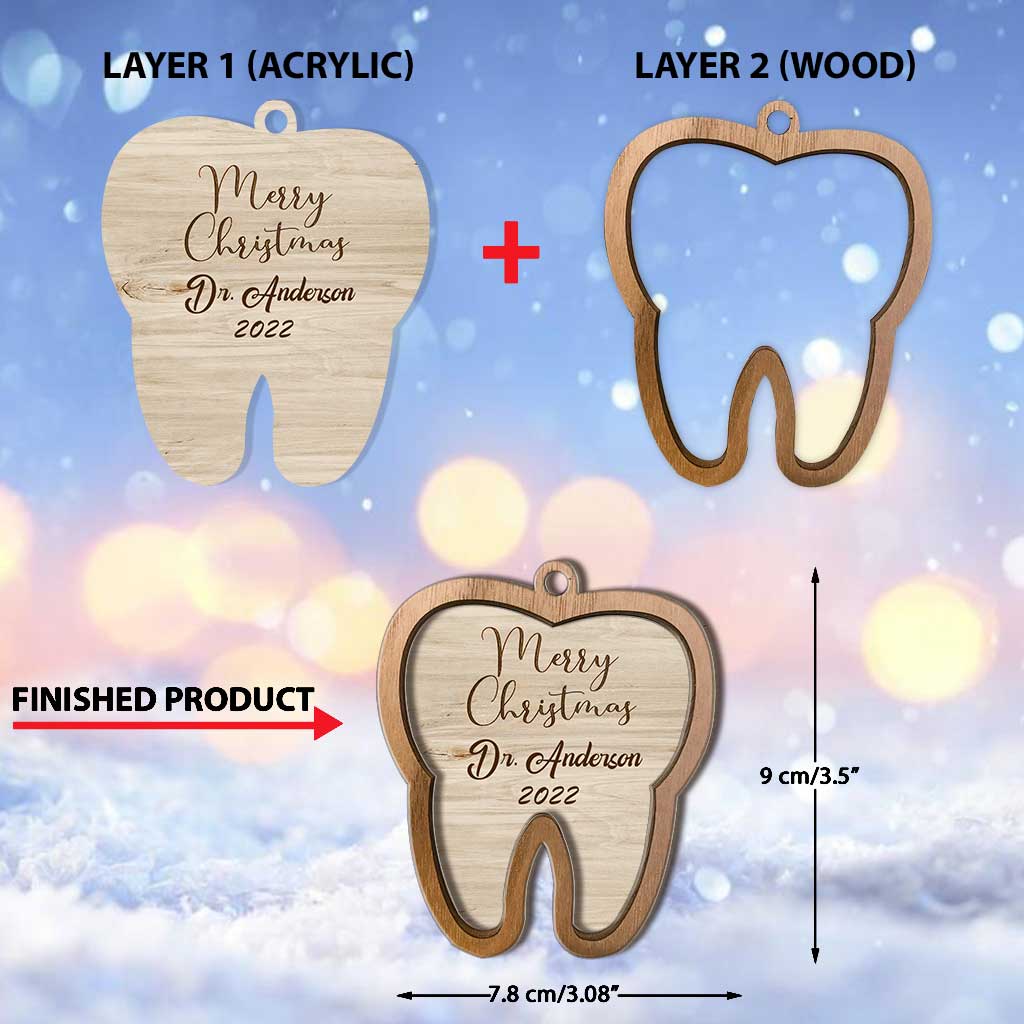 Frohe Weihnachten mit Zahnmotiv – Personalisierter Zahnarzt-Holzschmuck aus mehreren Schichten