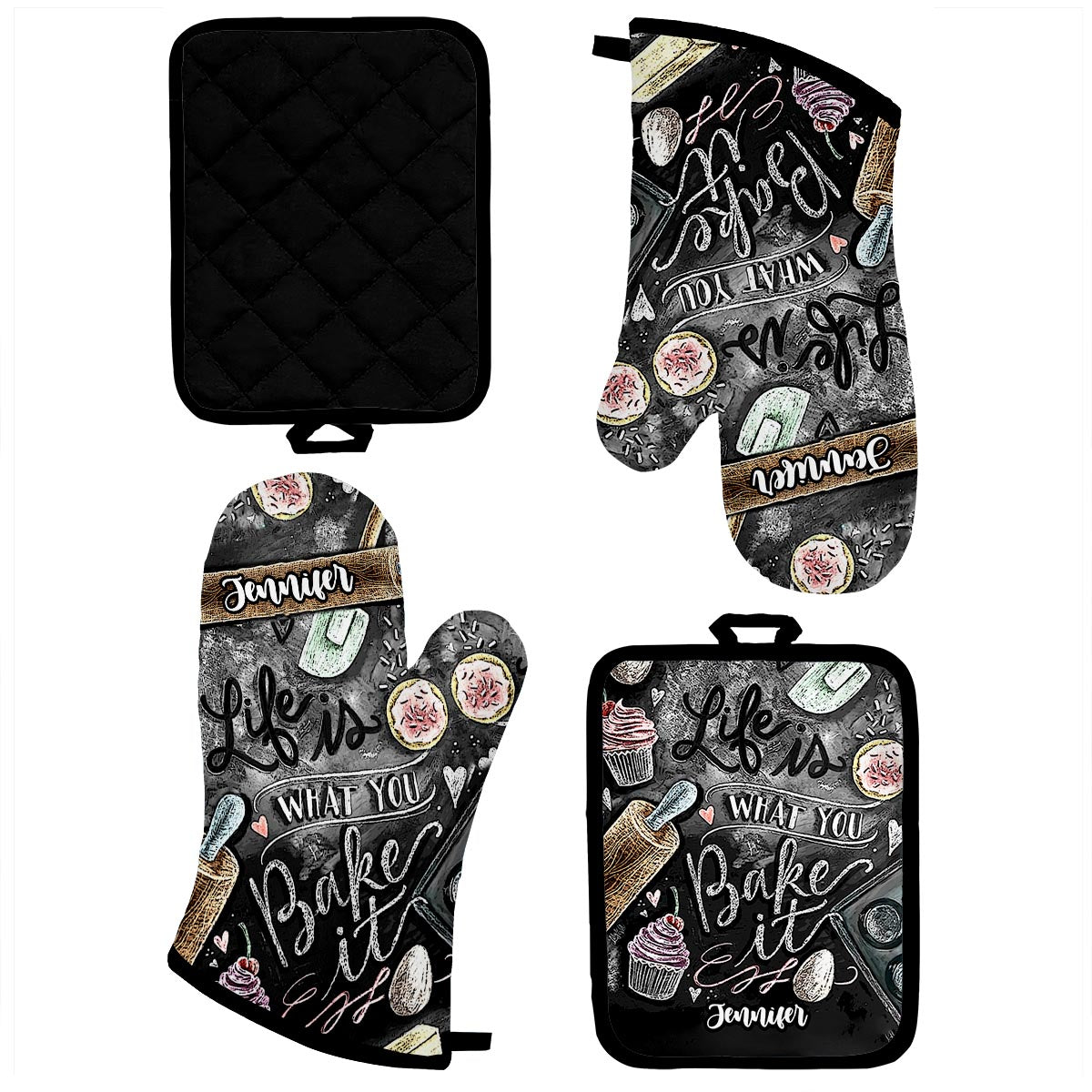 Das Leben ist, was du daraus backst – personalisiertes Set aus Ofenhandschuhen und Topflappen