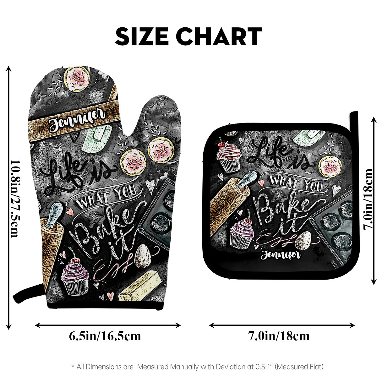 Das Leben ist, was du daraus backst – personalisiertes Set aus Ofenhandschuhen und Topflappen