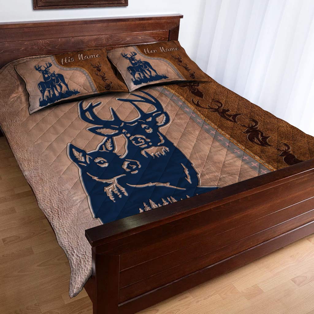 „Du und ich, wir schaffen das“ – personalisiertes Jagd-Steppdecken-Set für Paare mit Ledermuster