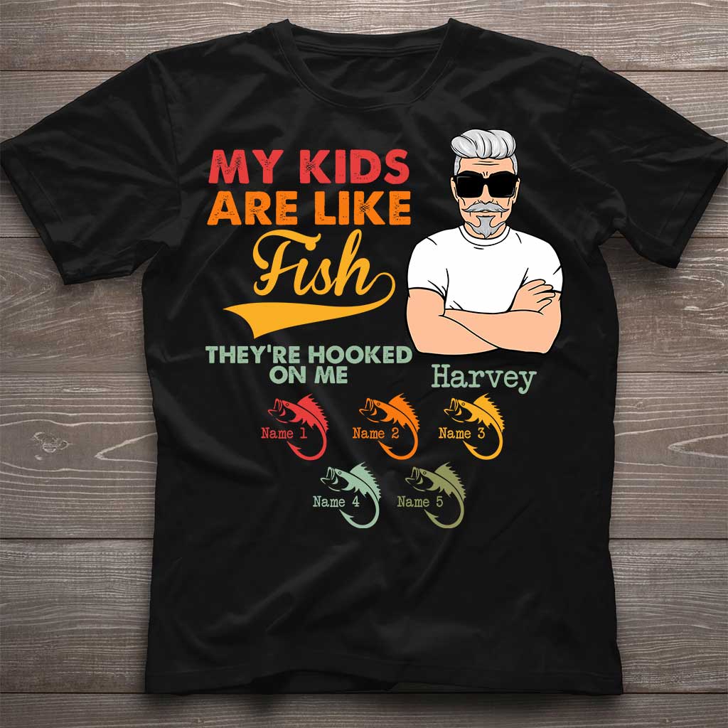 Meine Kinder sind wie Fische – Personalisiertes Vatertags-T-Shirt und Hoodie zum Thema Angeln