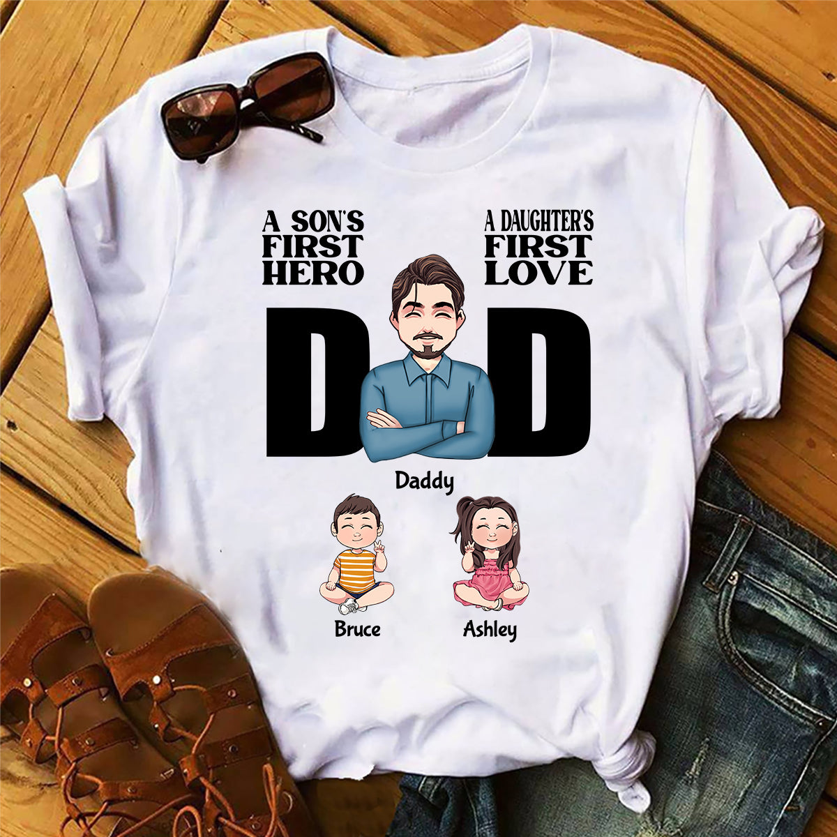 Der erste Held eines Sohnes, die erste Liebe einer Tochter – personalisiertes Vater-T-Shirt und Hoodie