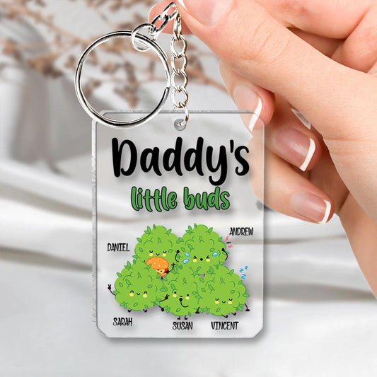 Daddy's Little Buds – Personalisierter transparenter Schlüsselanhänger mit Weed-Motiv