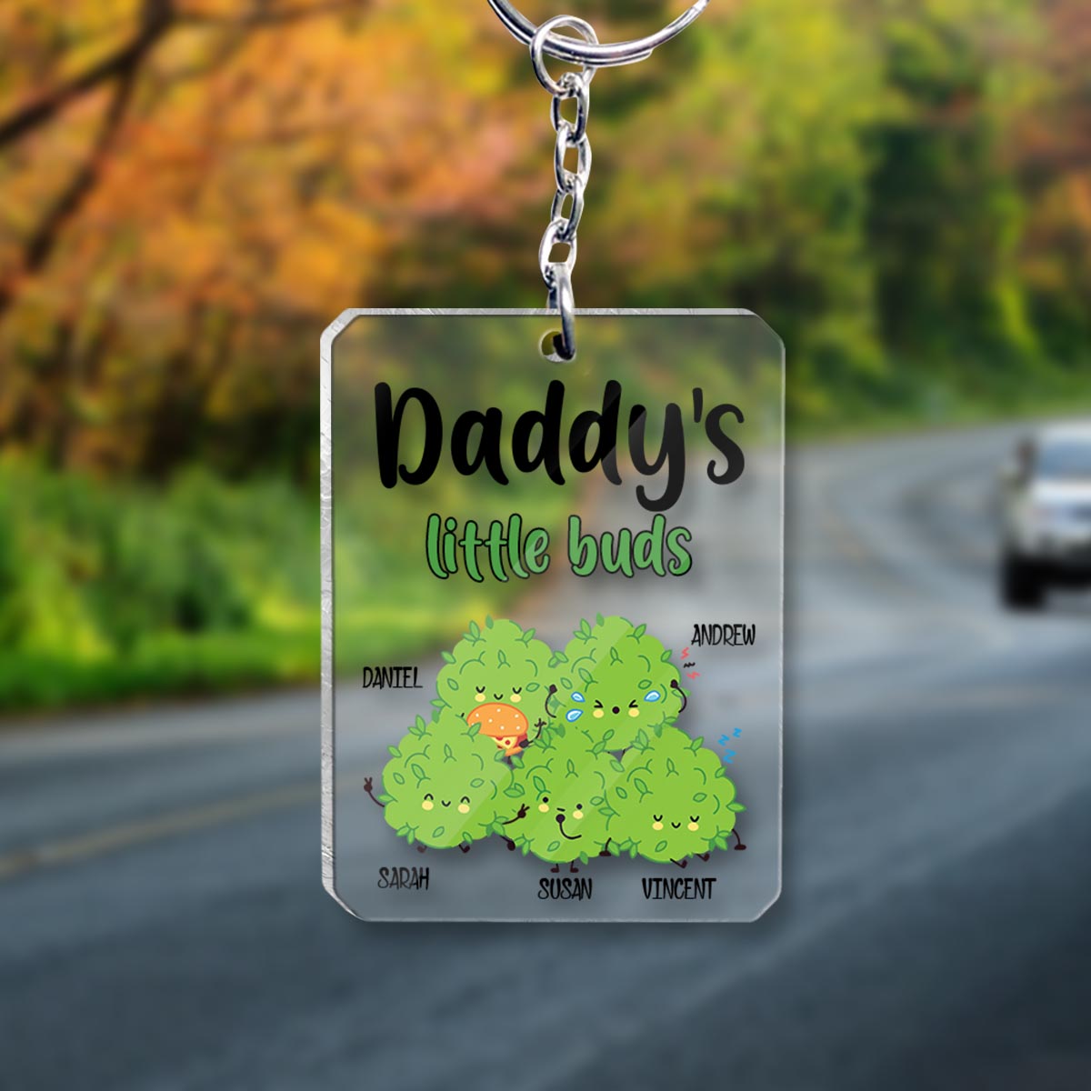 Daddy's Little Buds – Personalisierter transparenter Schlüsselanhänger mit Weed-Motiv