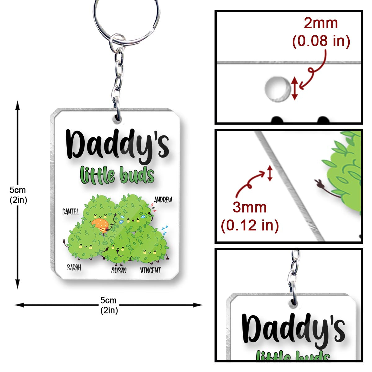 Daddy's Little Buds – Personalisierter transparenter Schlüsselanhänger mit Weed-Motiv