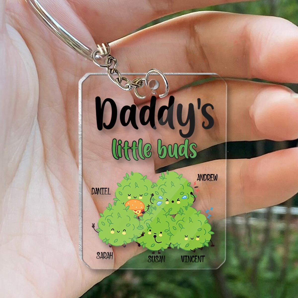 Daddy's Little Buds – Personalisierter transparenter Schlüsselanhänger mit Weed-Motiv